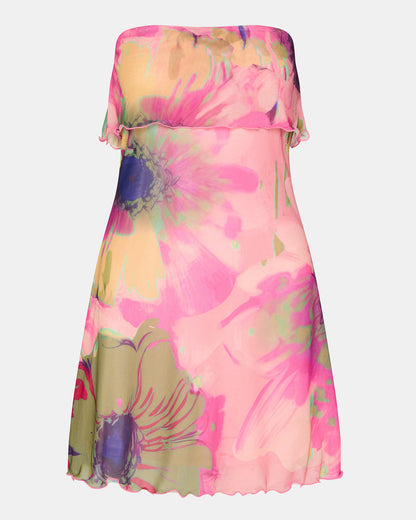 BRYAR Multi Strapless Flowy Mesh Overlay Floral Print Mini Women's Dress | Steve Madden Discount