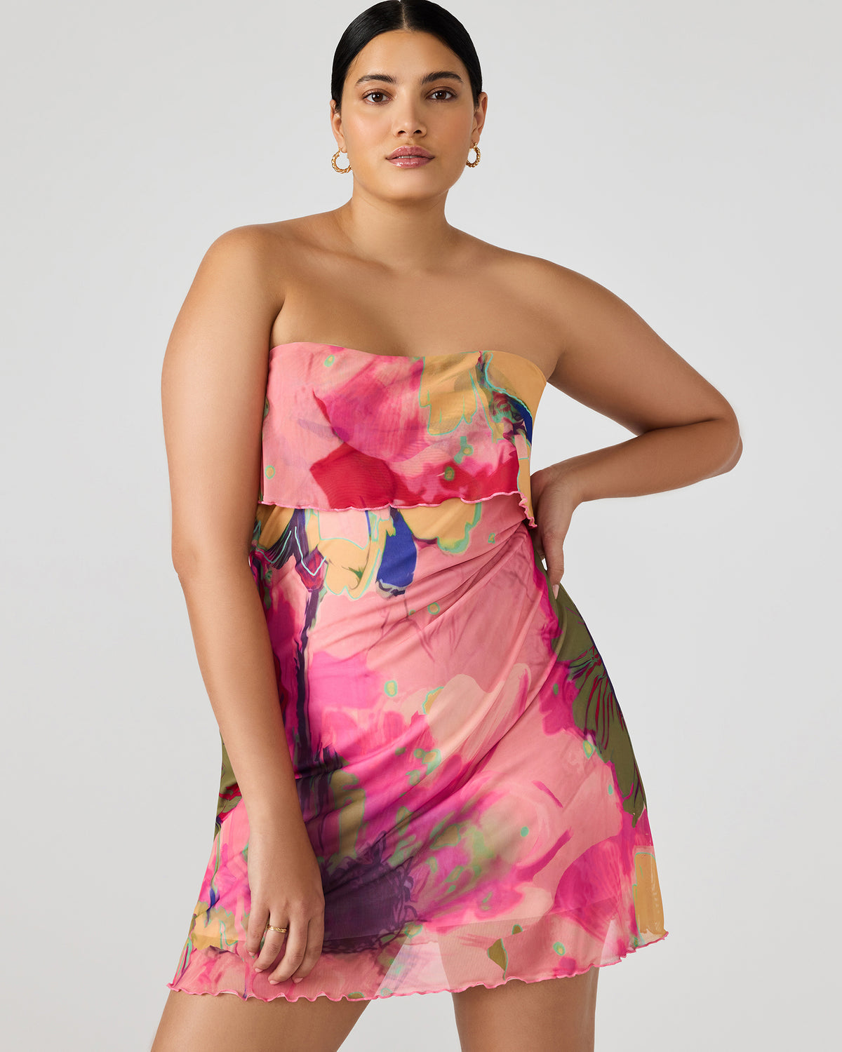 BRYAR Multi Strapless Flowy Mesh Overlay Floral Print Mini Women's Dress | Steve Madden Discount