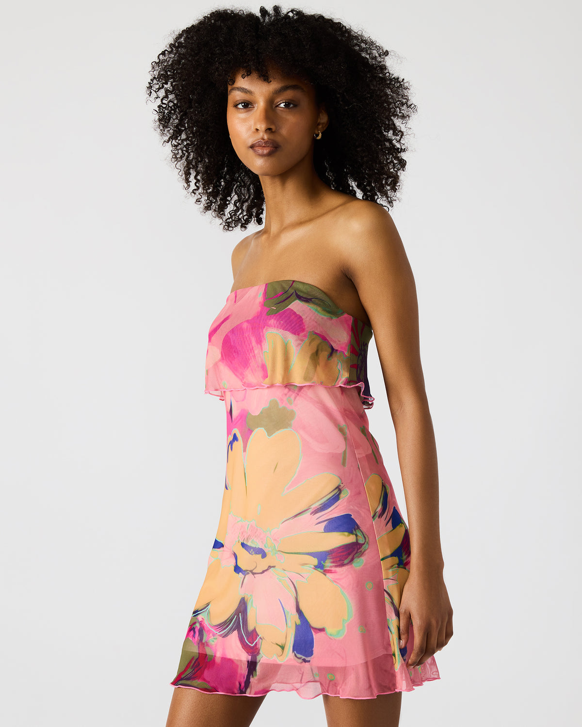 BRYAR Multi Strapless Flowy Mesh Overlay Floral Print Mini Women's Dress | Steve Madden Discount