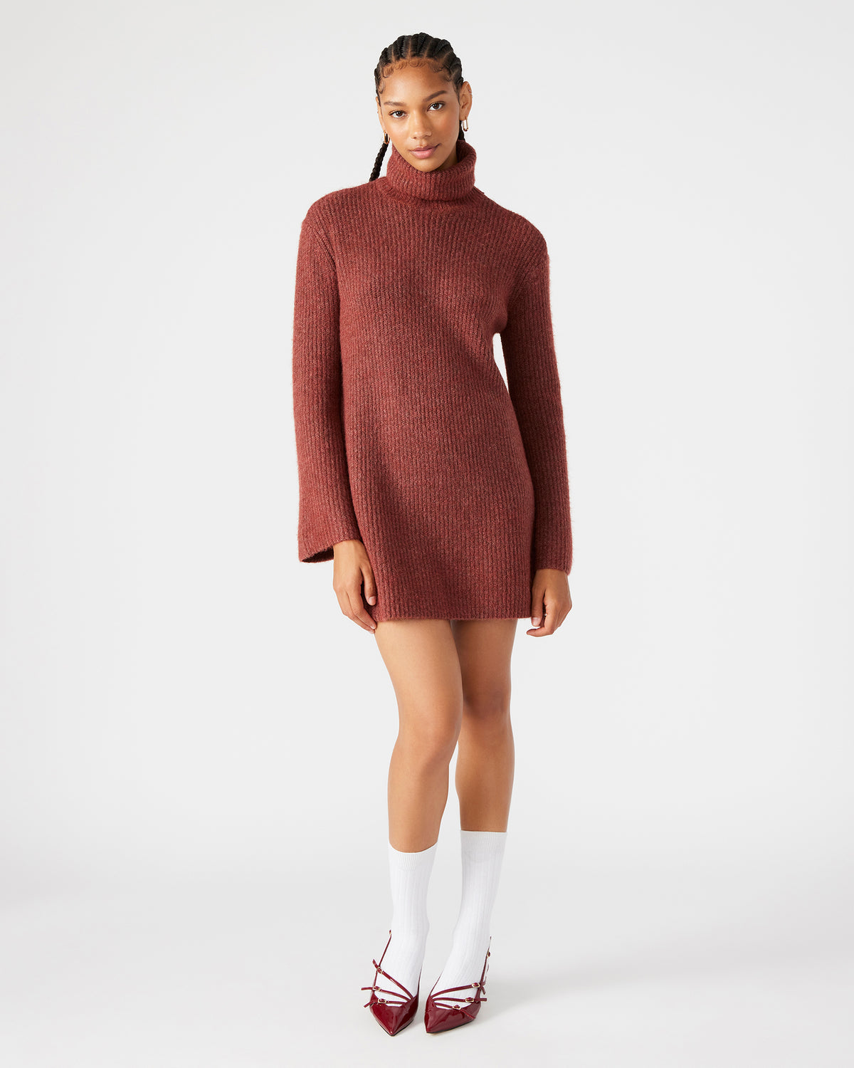 ABBIE Sweater Dress Rust | Mini Turtleneck Flared Sleeve Dress | Steve Madden Everyday