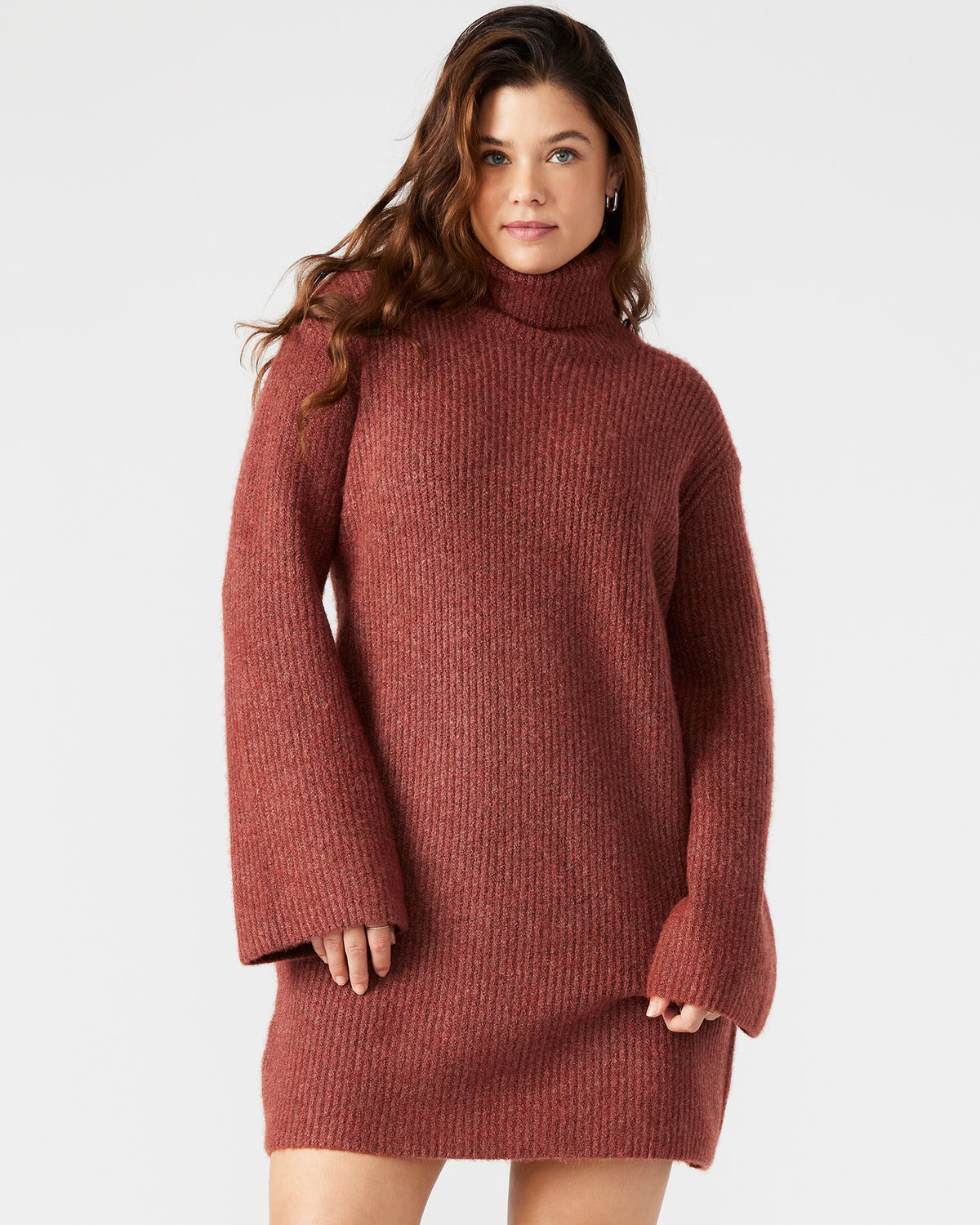 ABBIE Sweater Dress Rust | Mini Turtleneck Flared Sleeve Dress | Steve Madden Everyday