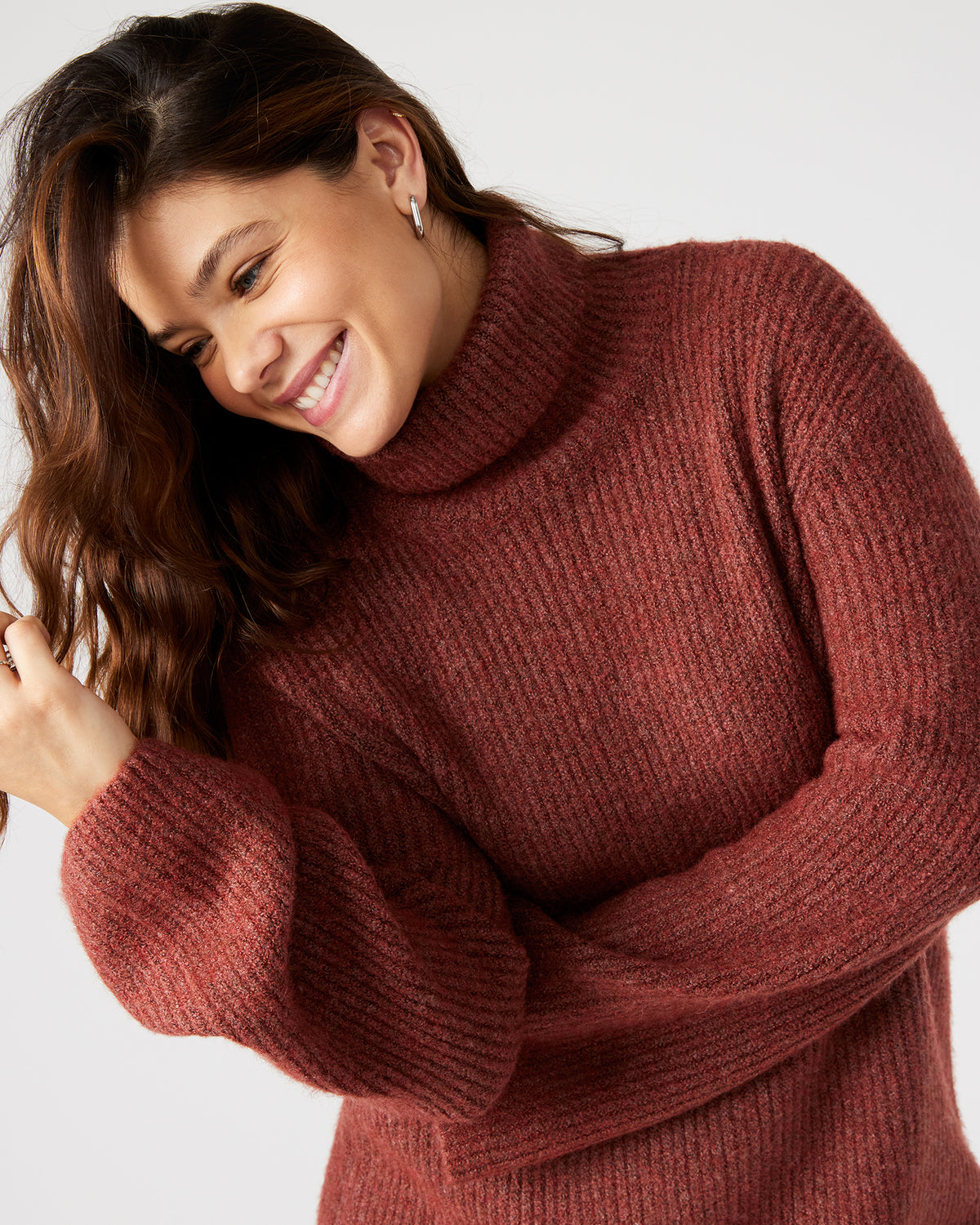 ABBIE Sweater Dress Rust | Mini Turtleneck Flared Sleeve Dress | Steve Madden Everyday