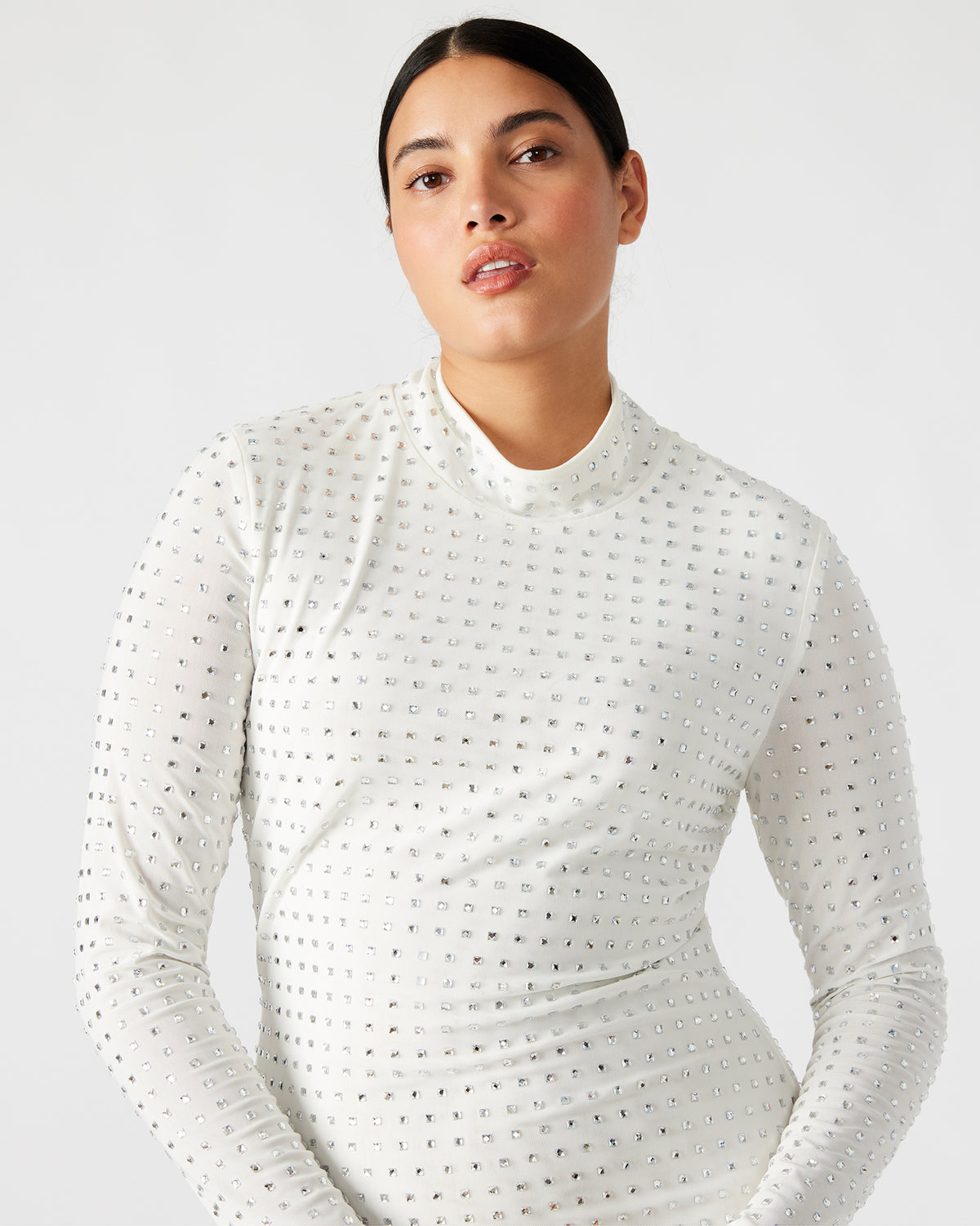 KRISTA Dress White | Women's Long-Sleeved Bodycon Rhinestone Mini Dress | Steve Madden Customer Favorite