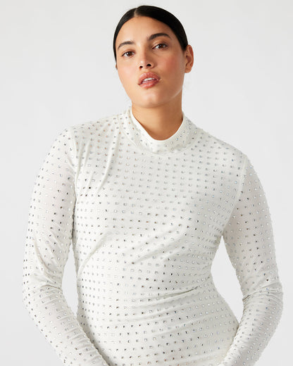 KRISTA Dress White | Women's Long-Sleeved Bodycon Rhinestone Mini Dress | Steve Madden Customer Favorite