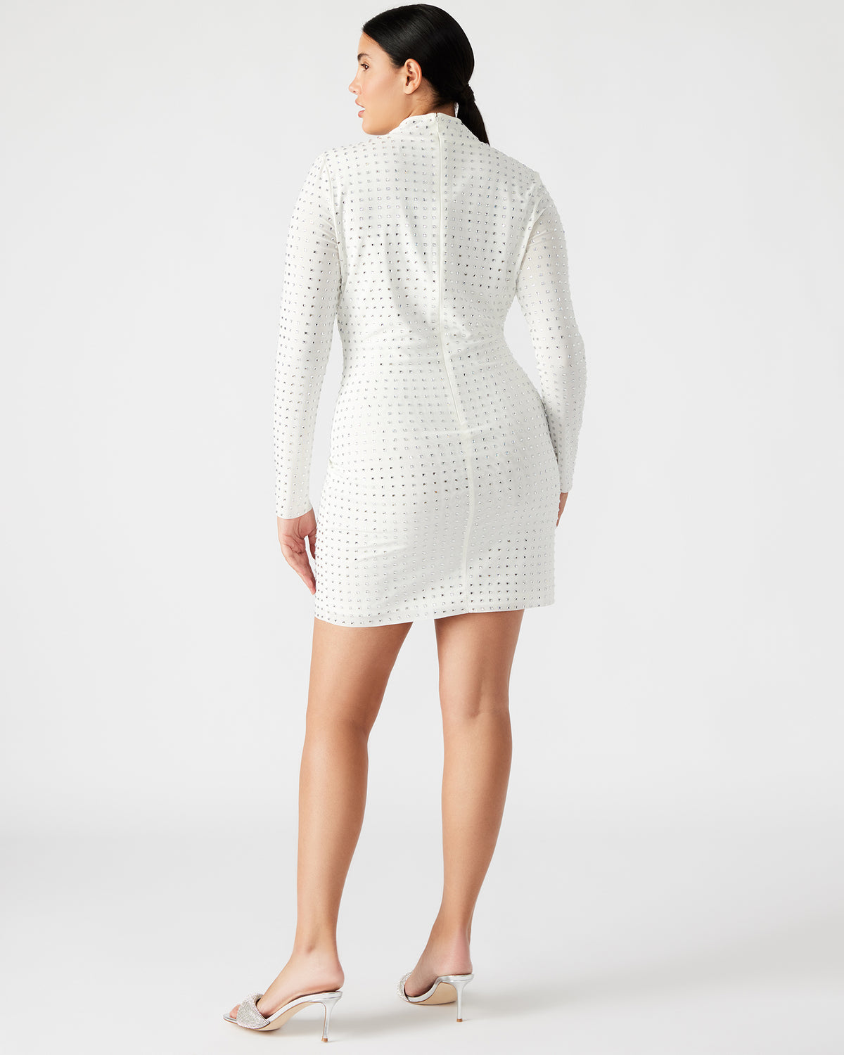 KRISTA Dress White | Women's Long-Sleeved Bodycon Rhinestone Mini Dress | Steve Madden Customer Favorite