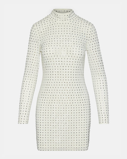 KRISTA Dress White | Women's Long-Sleeved Bodycon Rhinestone Mini Dress | Steve Madden Customer Favorite