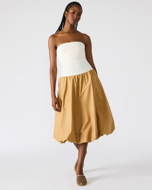 OLIVER Taupe Women's Strapless Midi Bubble Dress | Steve Madden Latest