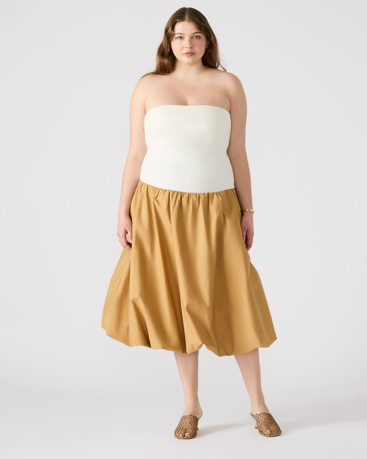 OLIVER Taupe Women's Strapless Midi Bubble Dress | Steve Madden Latest