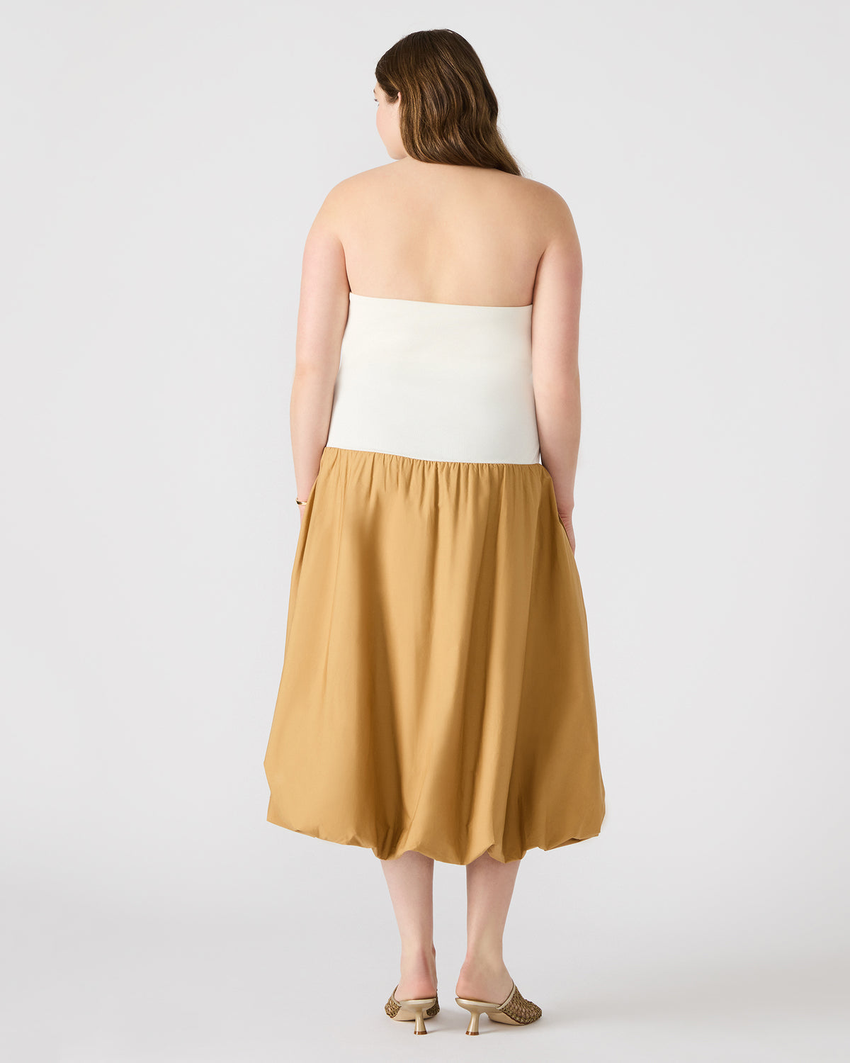 OLIVER Taupe Women's Strapless Midi Bubble Dress | Steve Madden Latest