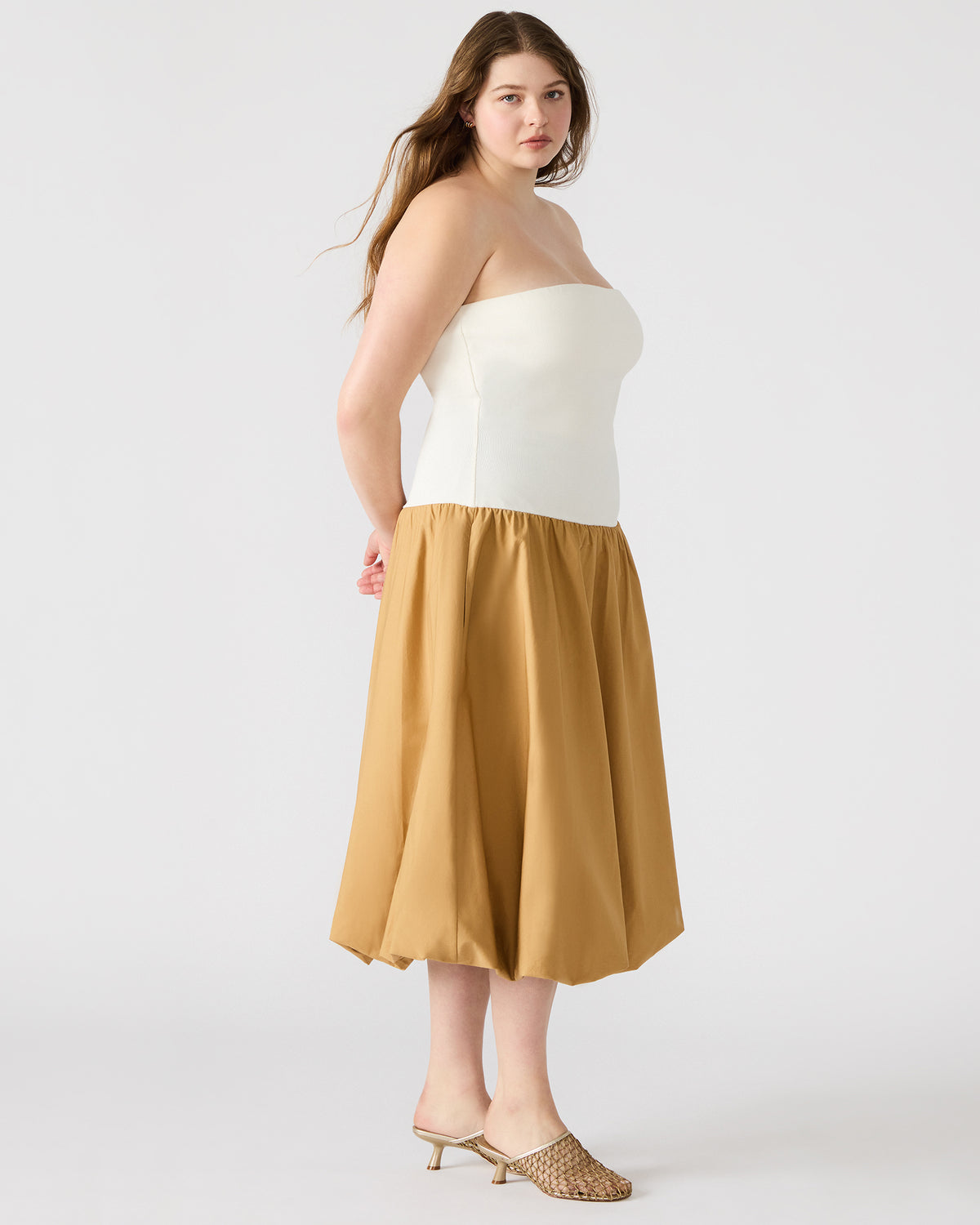 OLIVER Taupe Women's Strapless Midi Bubble Dress | Steve Madden Latest