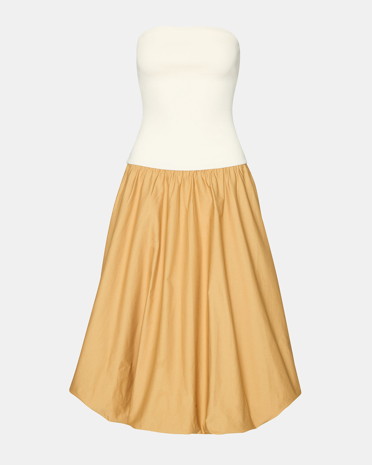 OLIVER Taupe Women's Strapless Midi Bubble Dress | Steve Madden Latest