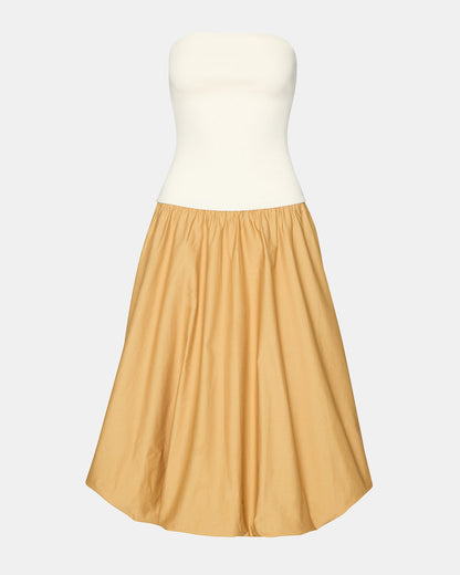 OLIVER Taupe Women's Strapless Midi Bubble Dress | Steve Madden Latest
