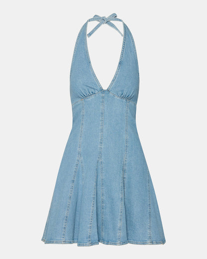 MALIA Denim Women's Halter Back Neck Tie Mini Dress | Steve Madden New