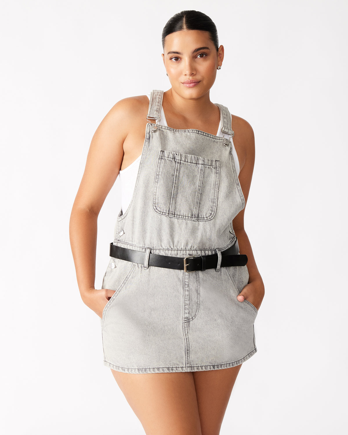TAMIA Dress Light Grey | Women's Overall Denim Mini Dress | Steve Madden Premium