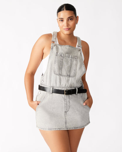 TAMIA Dress Light Grey | Women's Overall Denim Mini Dress | Steve Madden Premium