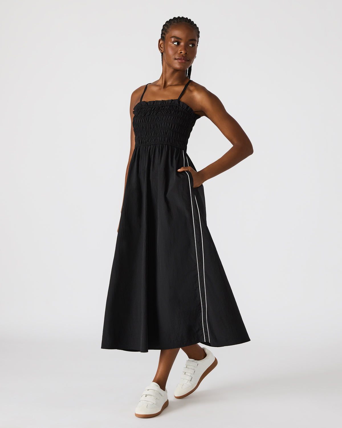 KIT Dress Black/White Flowy Smocked Striped Maxi Dress | Steve Madden Classic