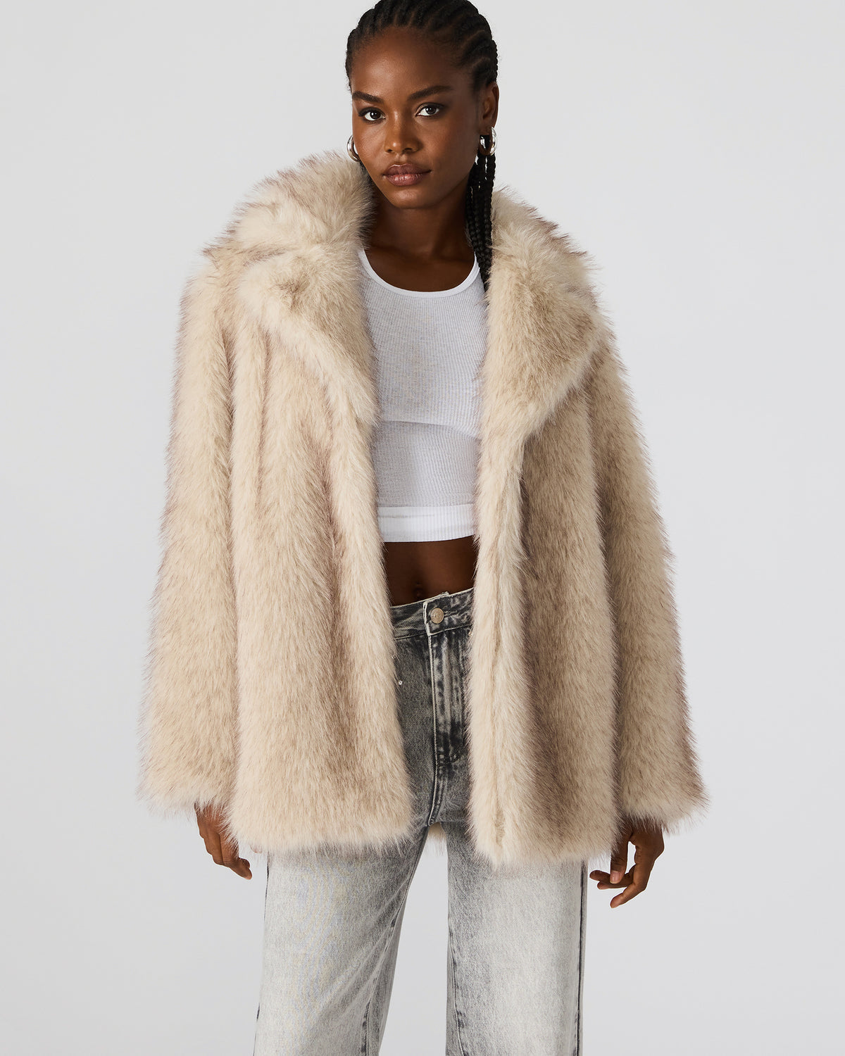 KINDRA Natural Faux Fur Collared Women's Coat | Steve Madden Classic