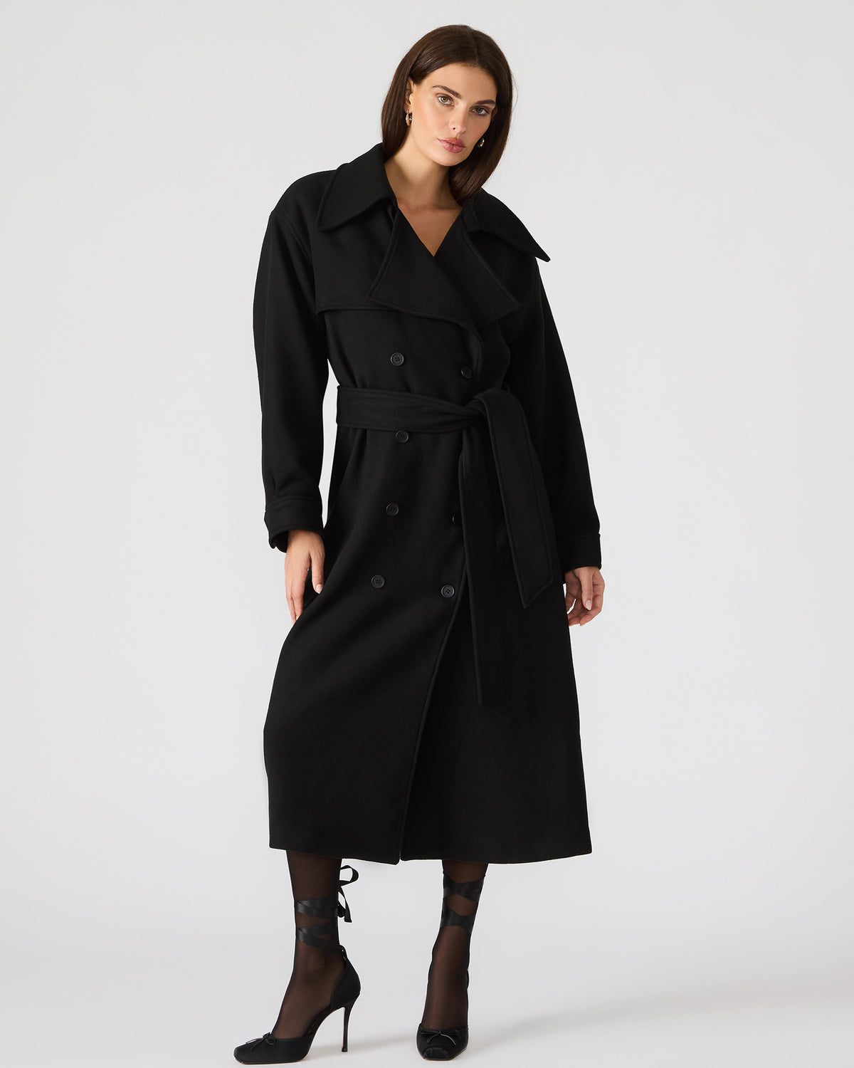 ENORA Black Long-Sleeved Button-Up Collared Women's Trench Coat | Steve Madden Great Value