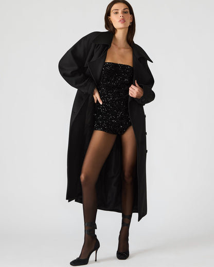 ENORA Black Long-Sleeved Button-Up Collared Women's Trench Coat | Steve Madden Great Value