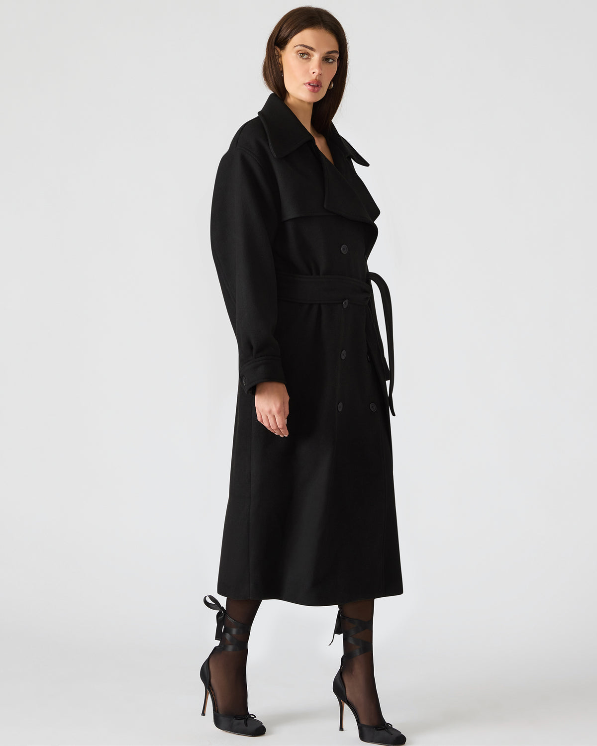 ENORA Black Long-Sleeved Button-Up Collared Women's Trench Coat | Steve Madden Great Value