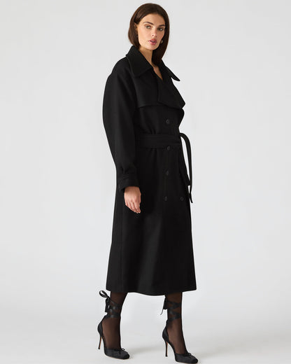 ENORA Black Long-Sleeved Button-Up Collared Women's Trench Coat | Steve Madden Great Value
