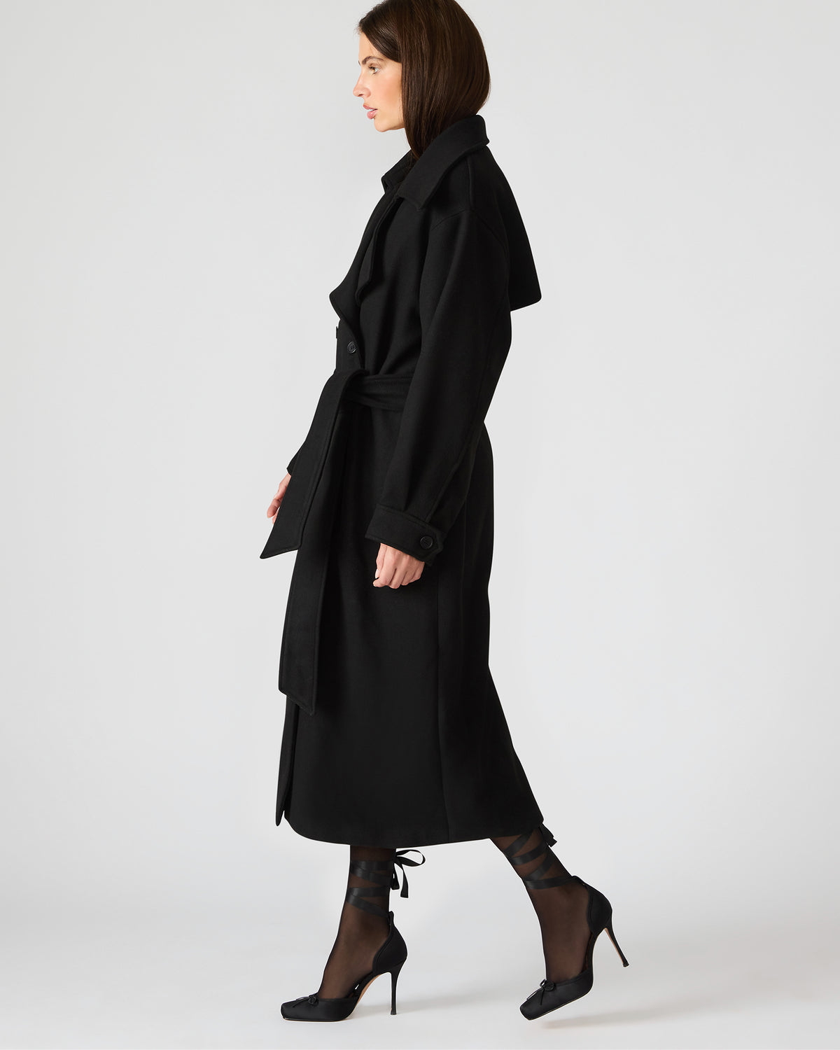 ENORA Black Long-Sleeved Button-Up Collared Women's Trench Coat | Steve Madden Great Value