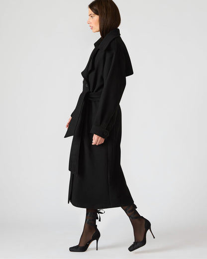 ENORA Black Long-Sleeved Button-Up Collared Women's Trench Coat | Steve Madden Great Value