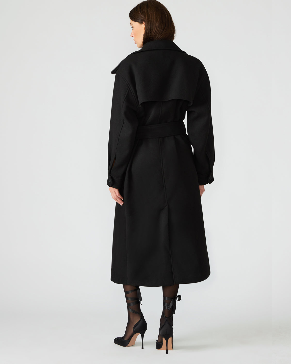 ENORA Black Long-Sleeved Button-Up Collared Women's Trench Coat | Steve Madden Great Value