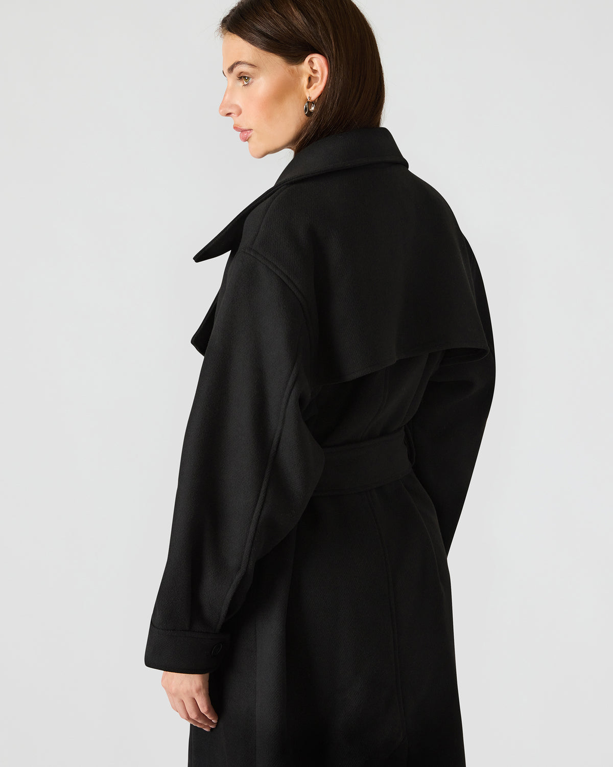 ENORA Black Long-Sleeved Button-Up Collared Women's Trench Coat | Steve Madden Great Value