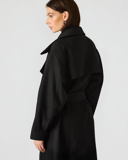 ENORA Black Long-Sleeved Button-Up Collared Women's Trench Coat | Steve Madden Great Value