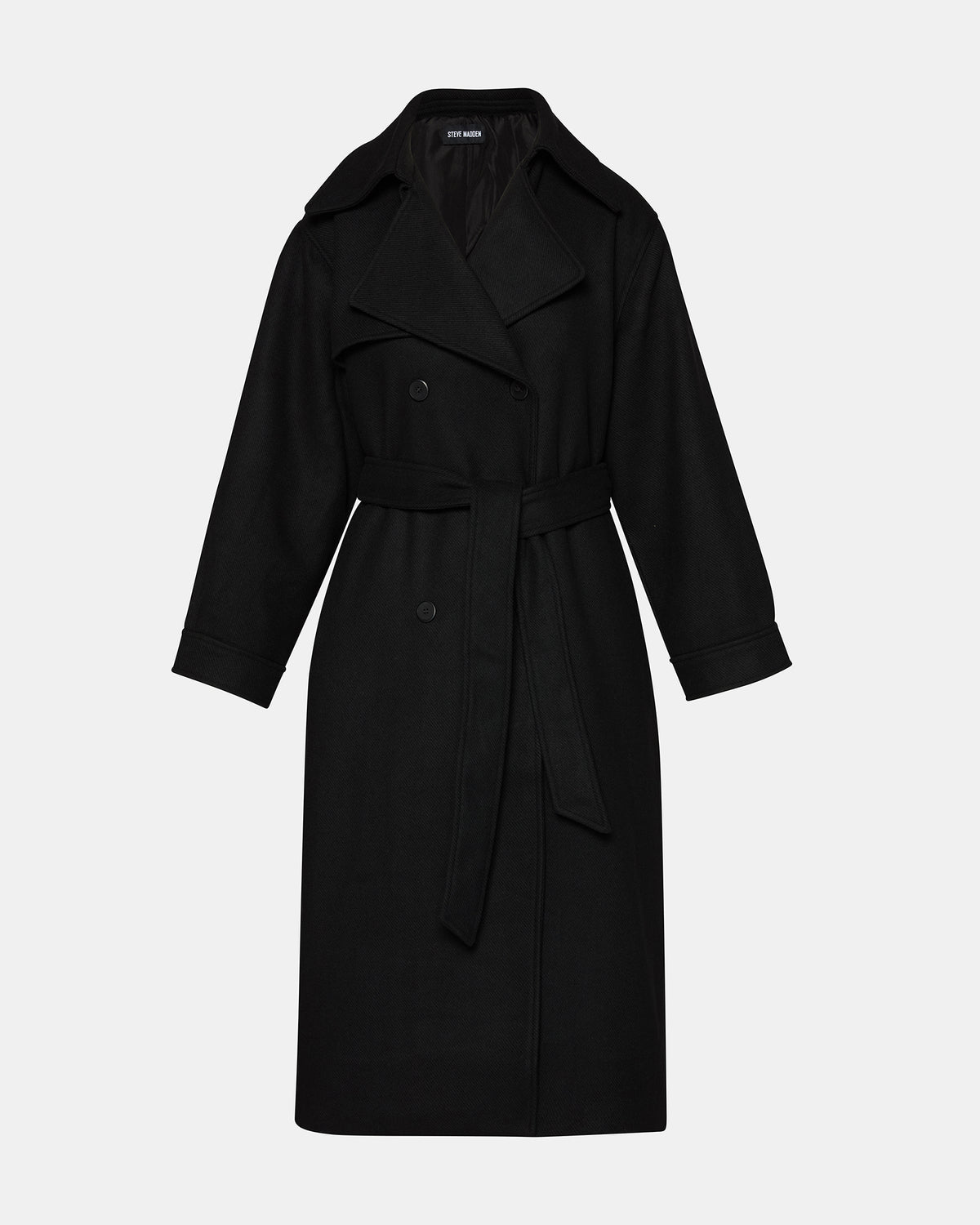 ENORA Black Long-Sleeved Button-Up Collared Women's Trench Coat | Steve Madden Great Value