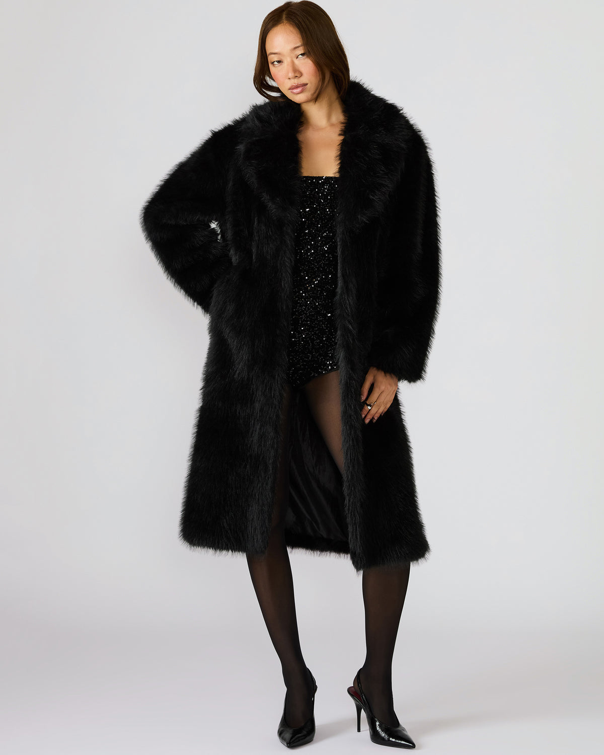 LARKIN Black Long-Sleeved Faux Fur Women's Coat | Steve Madden Special Offer