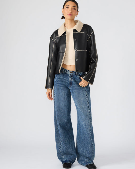 TILIA Black Long-Sleeved Faux Leather Button-Up Faux Fur Women's Coat | Steve Madden Everyday
