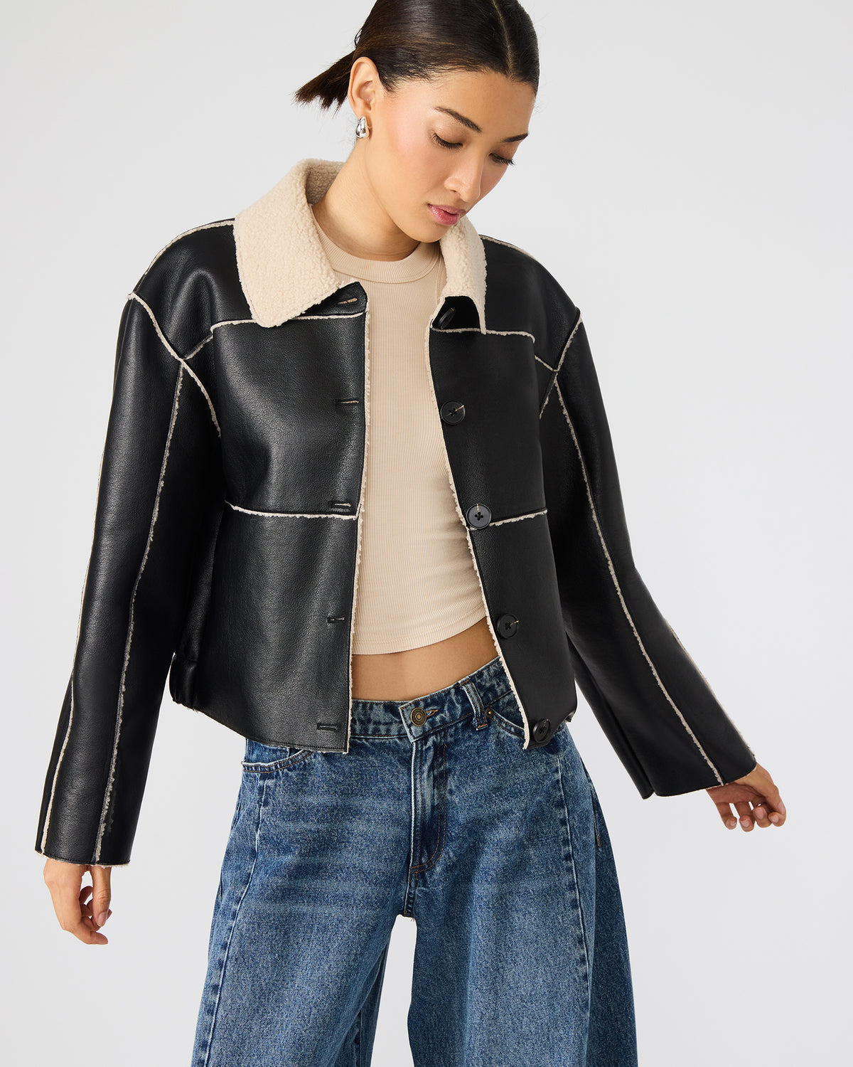TILIA Black Long-Sleeved Faux Leather Button-Up Faux Fur Women's Coat | Steve Madden Everyday