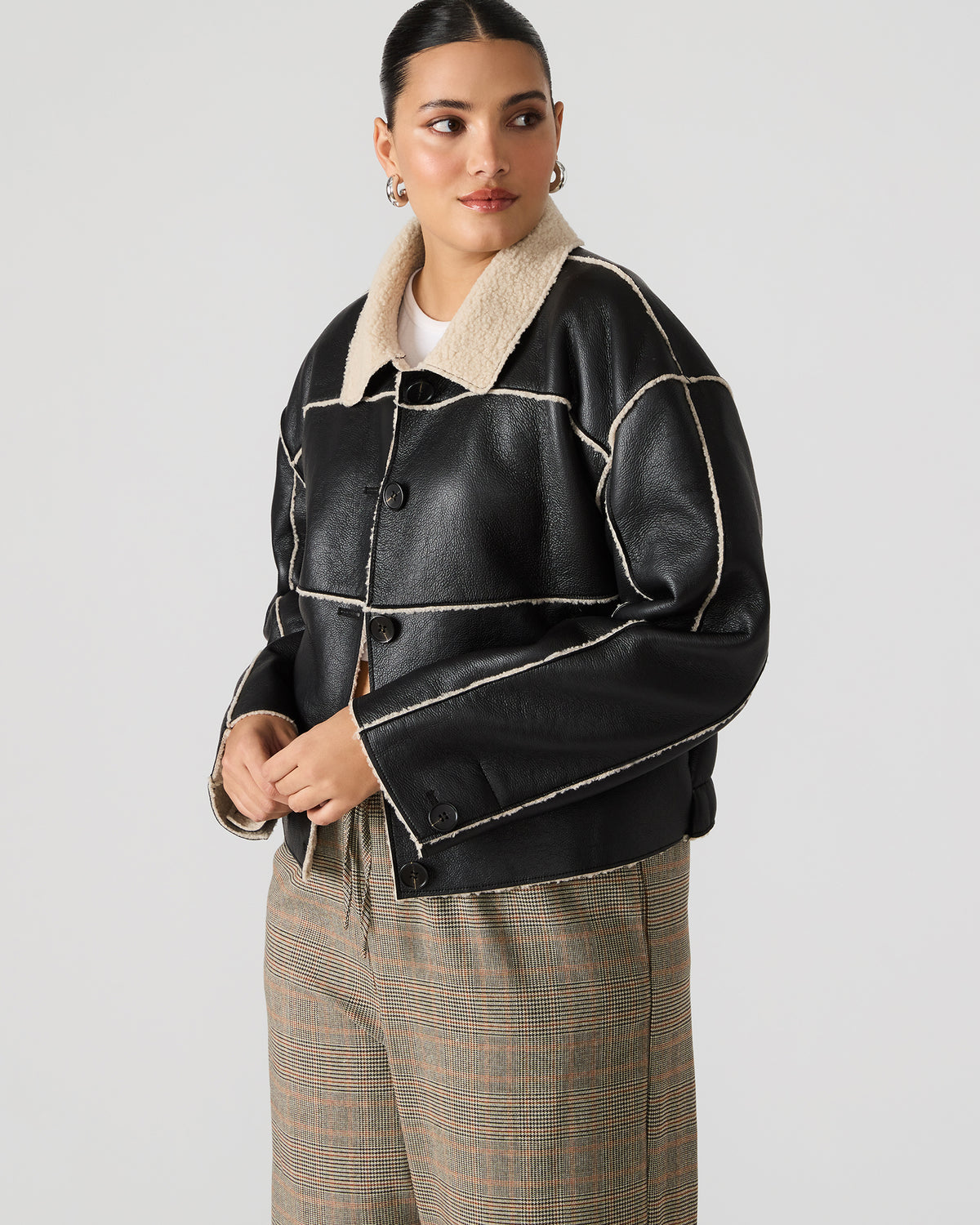 TILIA Black Long-Sleeved Faux Leather Button-Up Faux Fur Women's Coat | Steve Madden Everyday