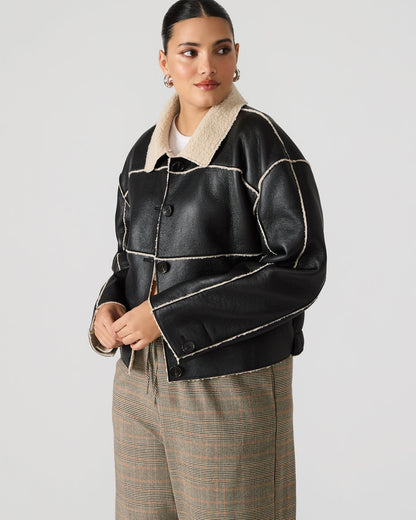 TILIA Black Long-Sleeved Faux Leather Button-Up Faux Fur Women's Coat | Steve Madden Everyday