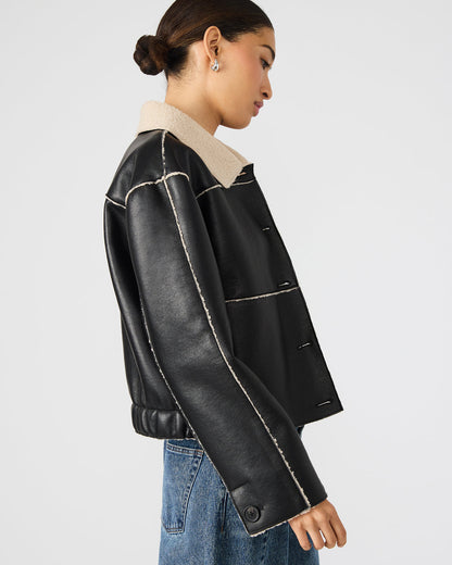 TILIA Black Long-Sleeved Faux Leather Button-Up Faux Fur Women's Coat | Steve Madden Everyday