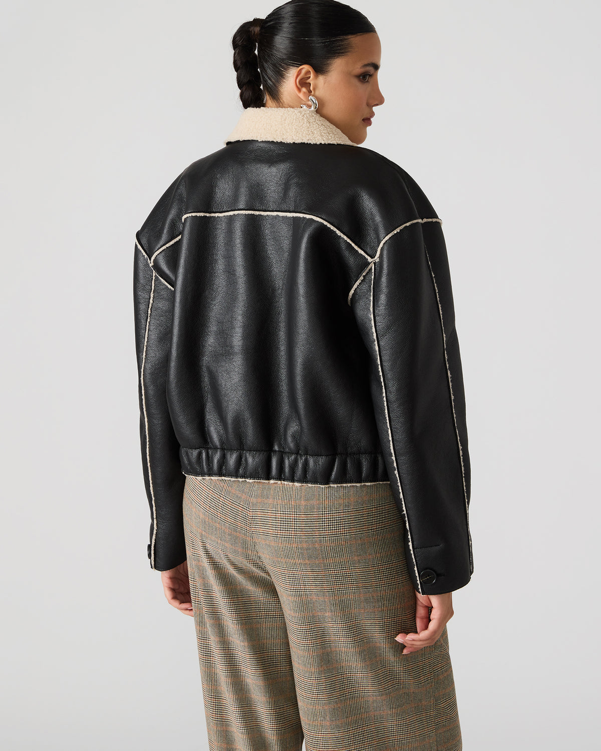 TILIA Black Long-Sleeved Faux Leather Button-Up Faux Fur Women's Coat | Steve Madden Everyday