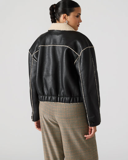TILIA Black Long-Sleeved Faux Leather Button-Up Faux Fur Women's Coat | Steve Madden Everyday