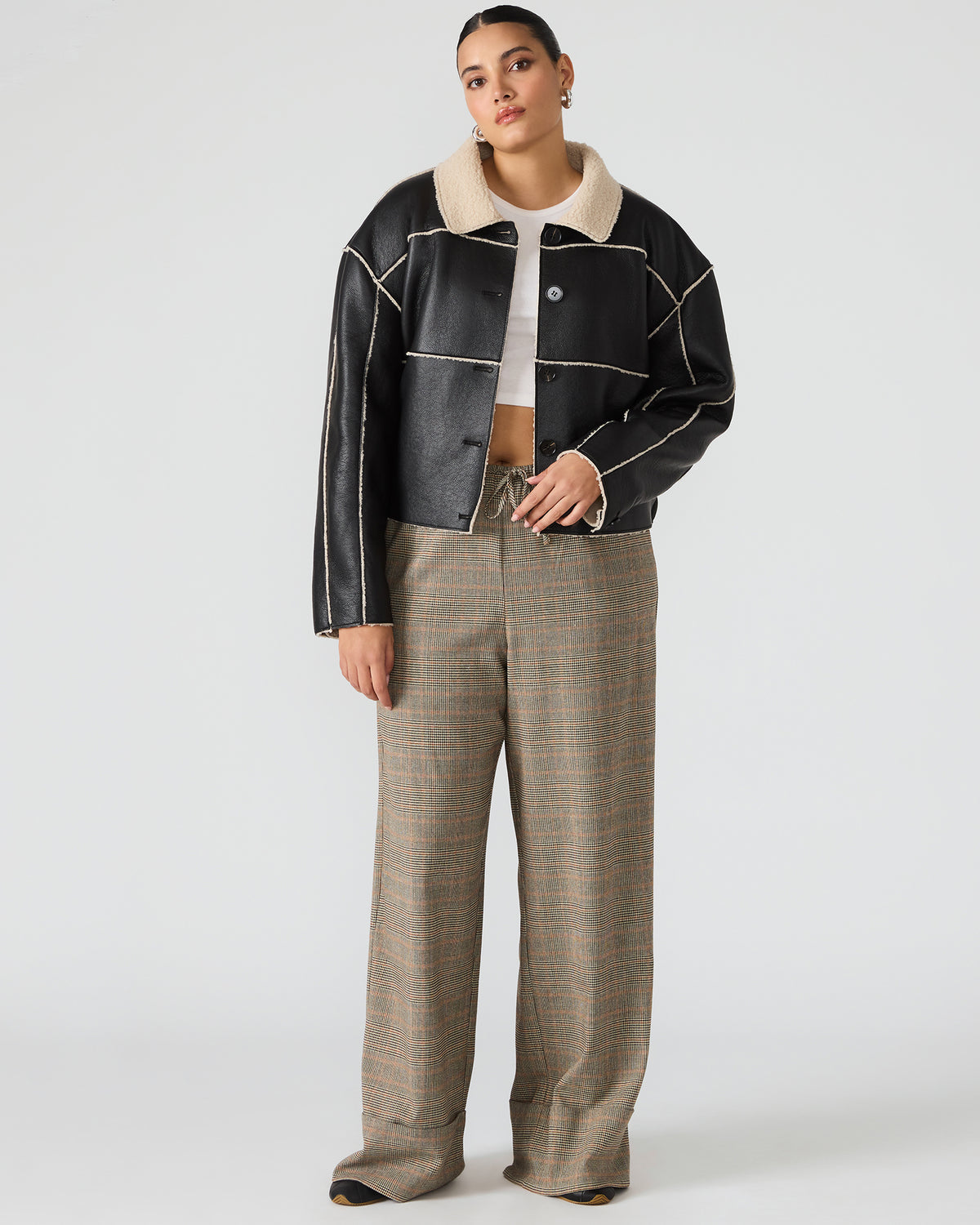 TILIA Black Long-Sleeved Faux Leather Button-Up Faux Fur Women's Coat | Steve Madden Everyday