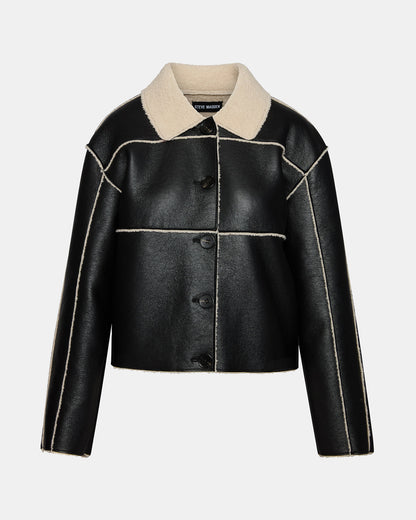 TILIA Black Long-Sleeved Faux Leather Button-Up Faux Fur Women's Coat | Steve Madden Everyday