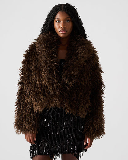 INAYA Dark Espresso Long-Sleeved Faux Fur Shaggy Women's Coat | Steve Madden Featured