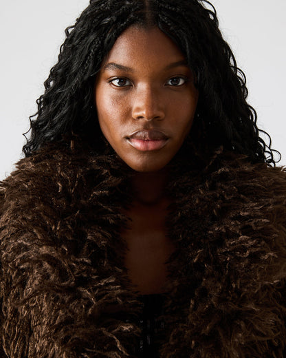 INAYA Dark Espresso Long-Sleeved Faux Fur Shaggy Women's Coat | Steve Madden Featured