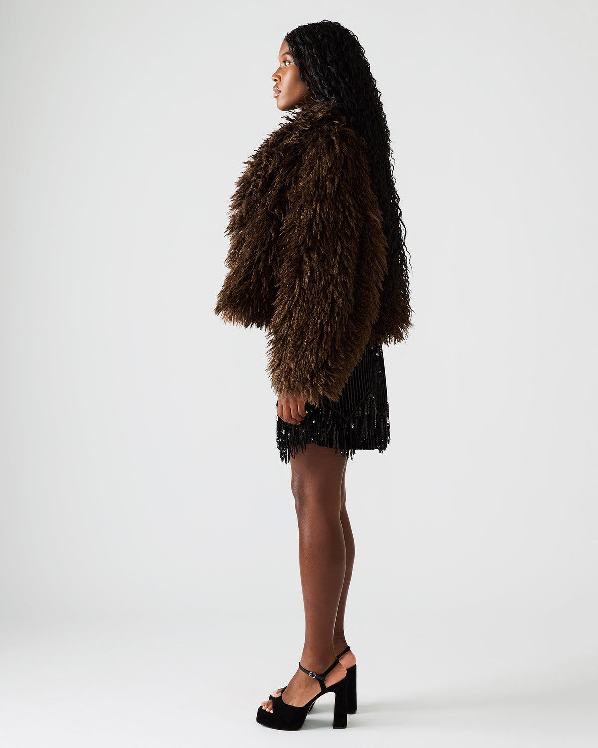INAYA Dark Espresso Long-Sleeved Faux Fur Shaggy Women's Coat | Steve Madden Featured