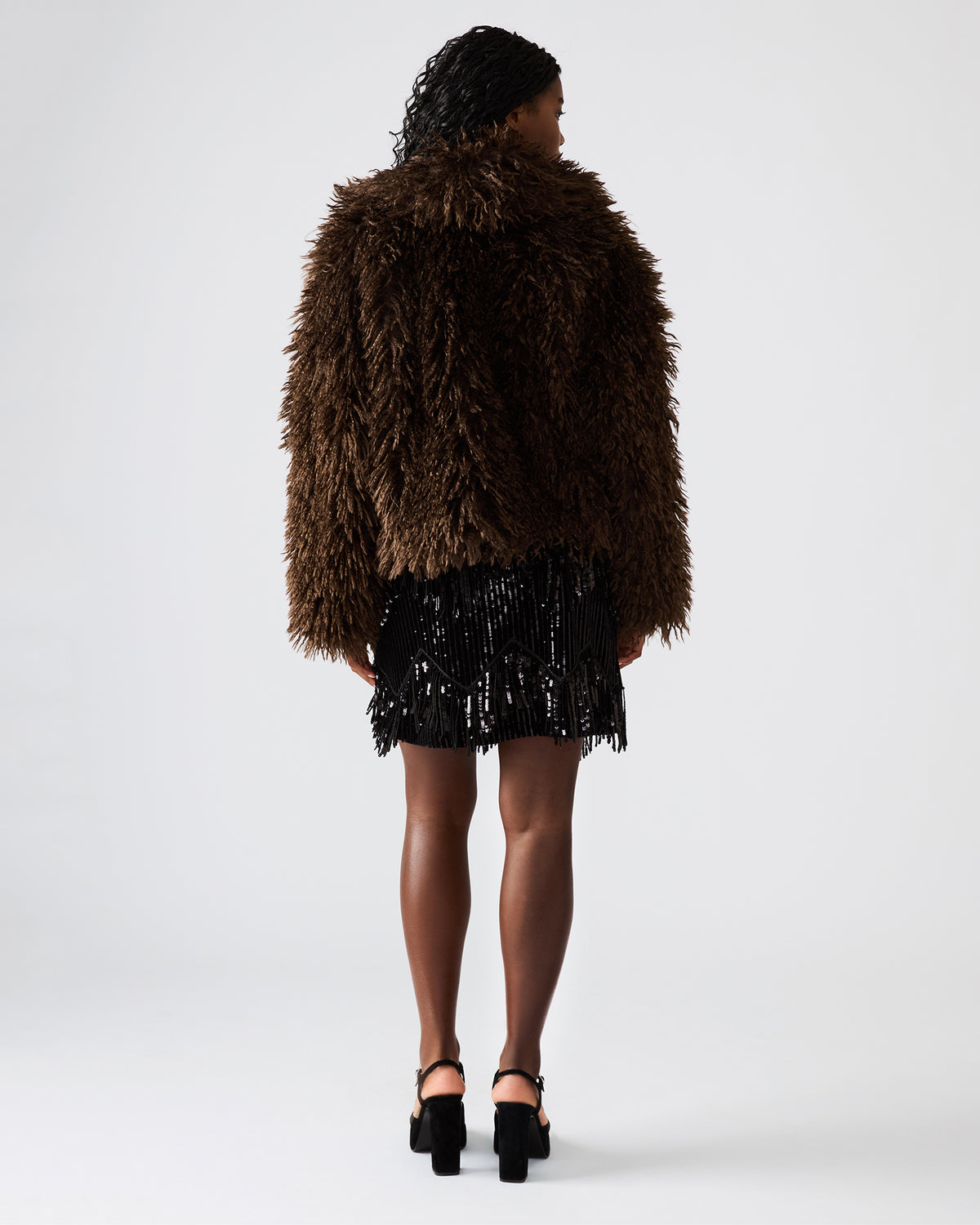 INAYA Dark Espresso Long-Sleeved Faux Fur Shaggy Women's Coat | Steve Madden Featured
