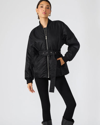 ERYN Black Long-Sleeved Puffer Belted Zip-Up Women's Jacket | Steve Madden Quality