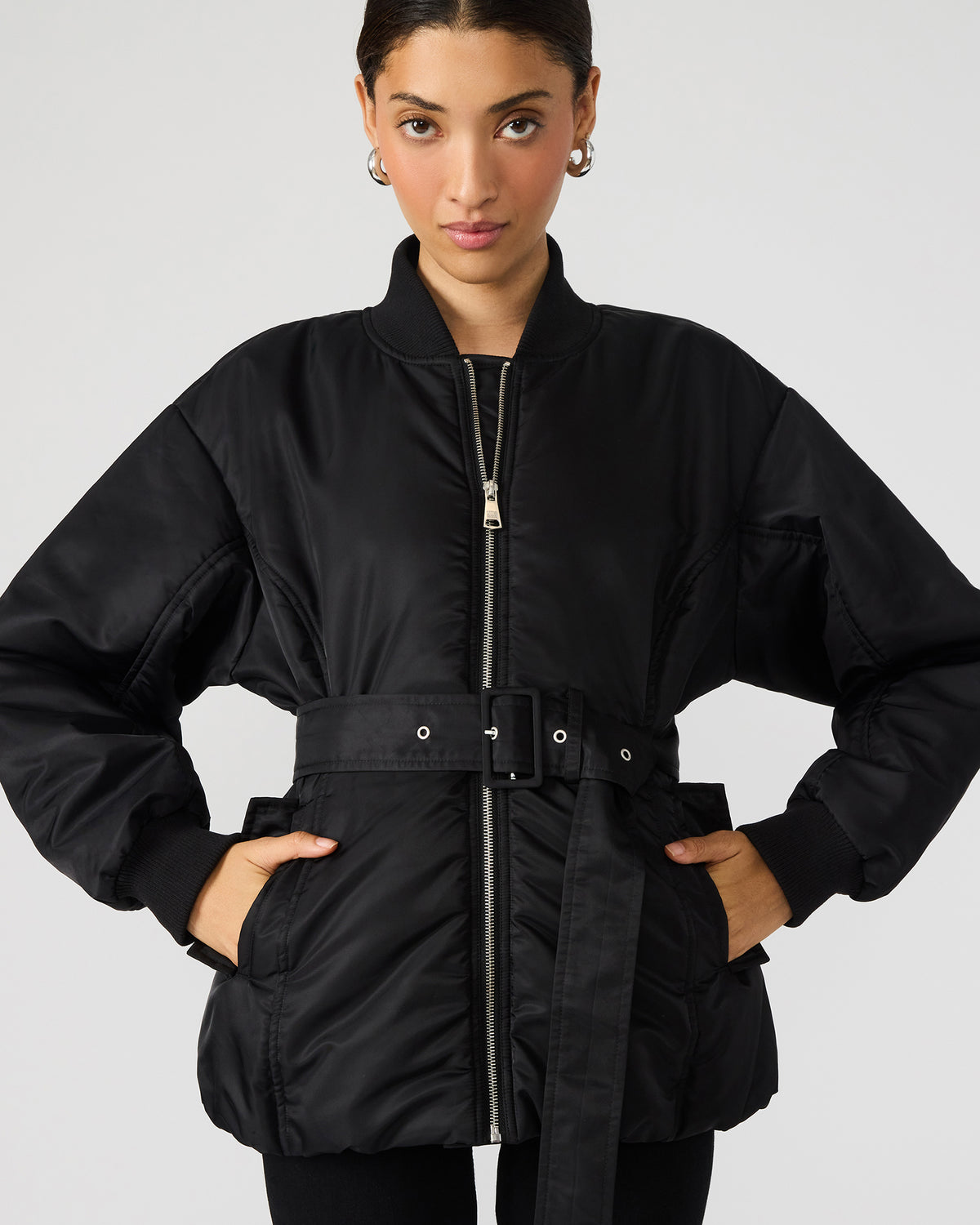 ERYN Black Long-Sleeved Puffer Belted Zip-Up Women's Jacket | Steve Madden Quality