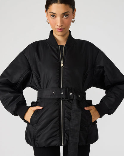 ERYN Black Long-Sleeved Puffer Belted Zip-Up Women's Jacket | Steve Madden Quality