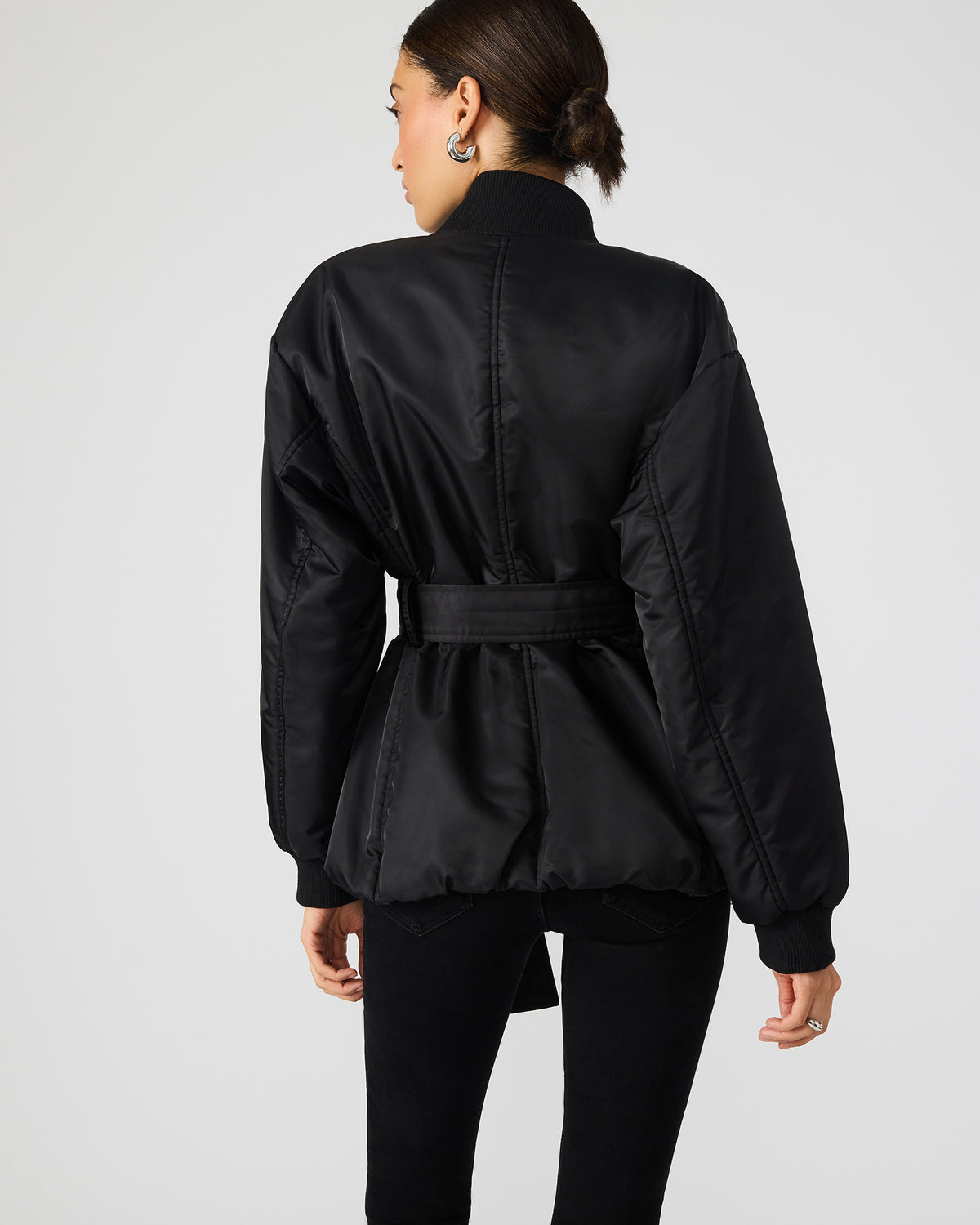 ERYN Black Long-Sleeved Puffer Belted Zip-Up Women's Jacket | Steve Madden Quality
