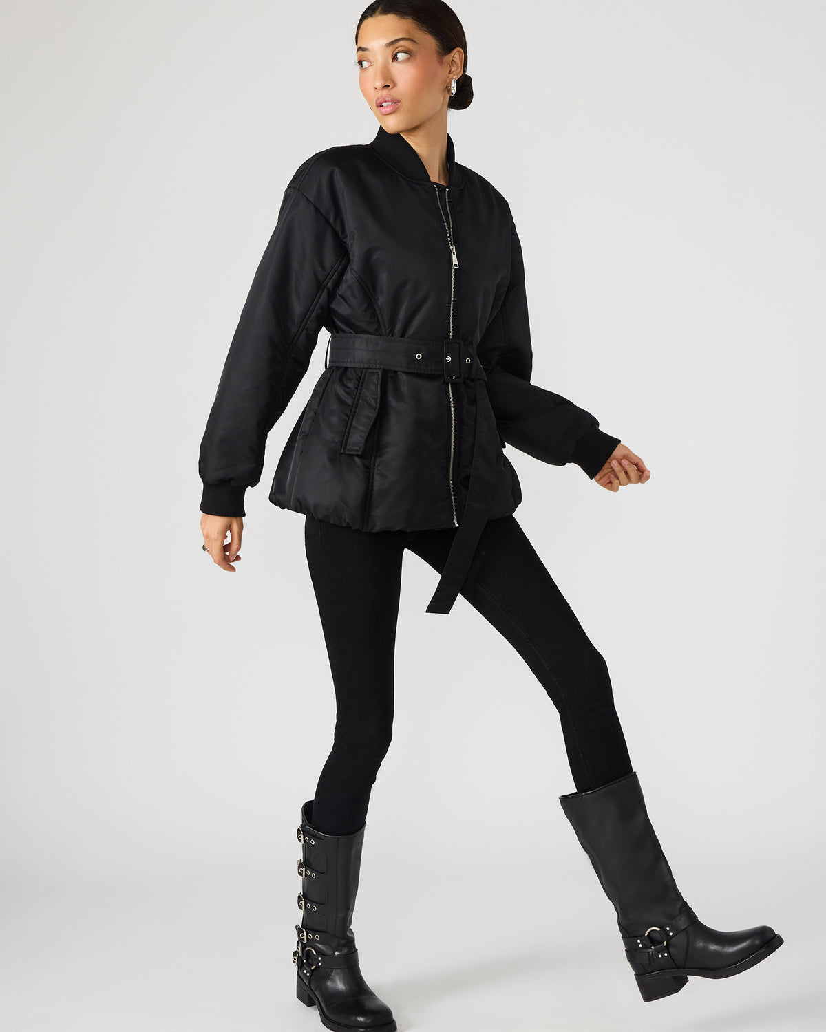 ERYN Black Long-Sleeved Puffer Belted Zip-Up Women's Jacket | Steve Madden Quality